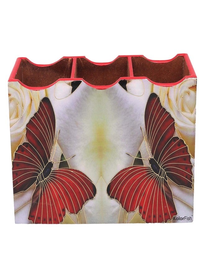 KolorFish MDF Wooden Cutlery Stand Holder with Special Enamel Coating and 3D Gold Foiling Work for Dining Table and Kitchen (Red Butterfly - Gold Series) - Image 5